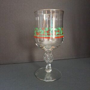 Vintage Holiday Glass Goblet Holly & Berry Design Gold Rim